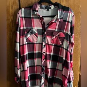 Pink and Black Plaid Button-Up Shirt